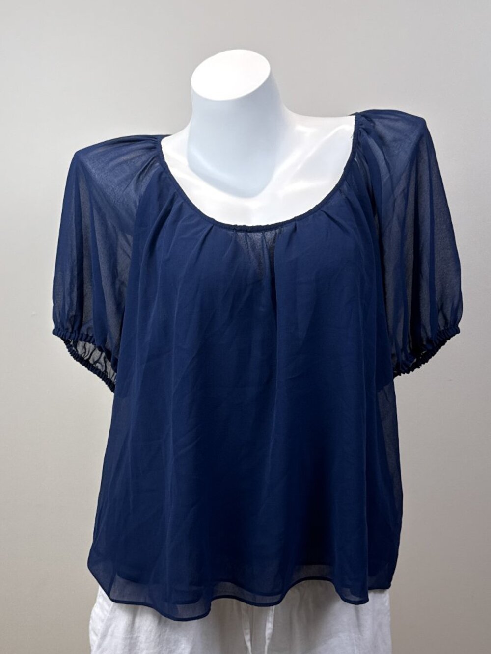 1.STATE Womens M Blue Sheer Chiffon Double Layer Flutter Sleeve Blouse Top